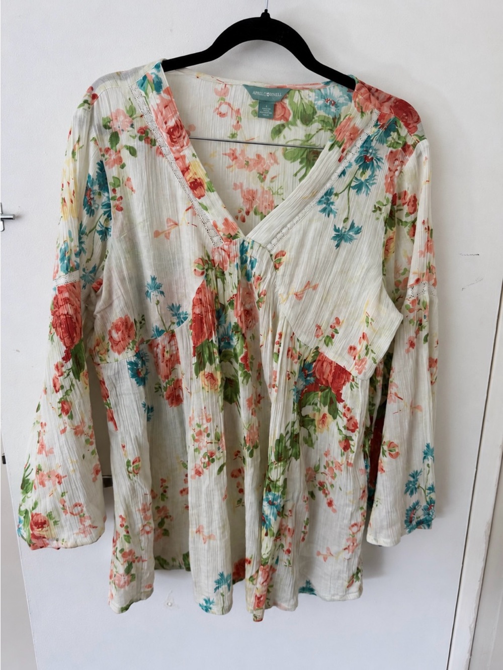 April Cornell White Floral V-Neck Tunic with Pink & Green Accents